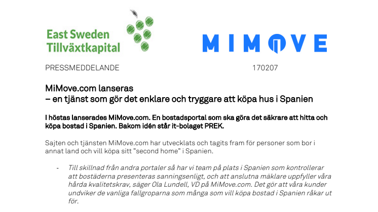 Pressmeddelande: MiMove.com lanseras - en tjänst som gör det enklare och tryggare att köpa hus i Spanien