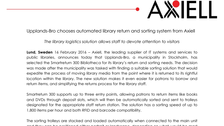 Upplands-Bro chooses automated library return and sorting system from Axiell