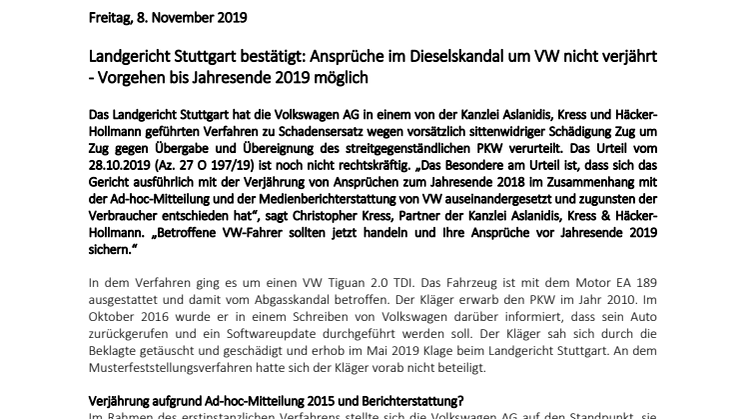 Landgericht Stuttgart bestätigt: Ansprüche im Dieselskandal um VW nicht verjährt - Vorgehen bis Jahresende 2019 möglich 