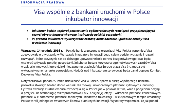 Visa wspólnie z bankami uruchomi w Polsce inkubator innowacji