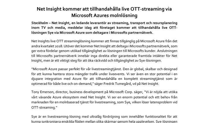 Net Insight kommer att tillhandahålla live OTT-streaming via Microsoft Azures molnlösning