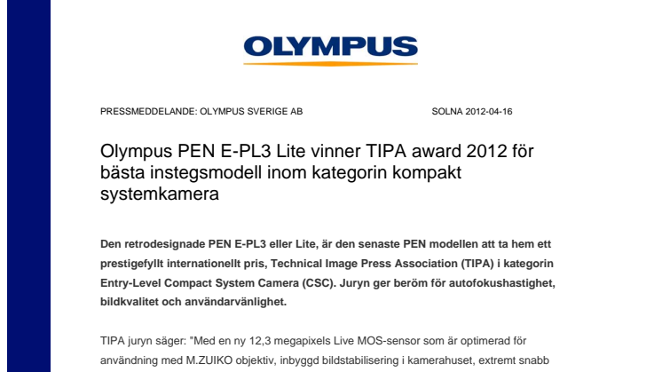 Olympus PEN E-PL3 Lite vinner TIPA award 2012 för bästa instegsmodell inom kategorin kompakt systemkamera 