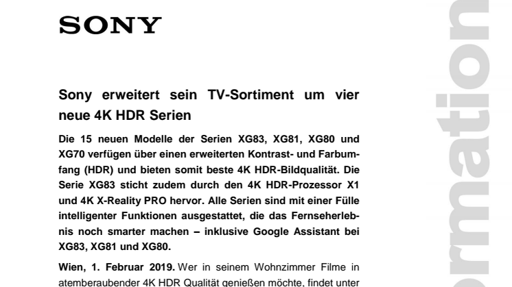 Sony erweitert sein TV-Sortiment um vier neue 4K HDR Serien