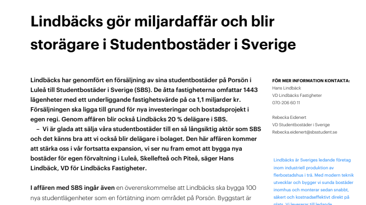 Lindbäcks gör miljardaffär och blir storägare i Studentbostäder Sverige