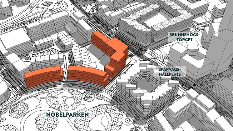 De tre byggrätterna (orange) ligger i anslutning till Nobelparken och Brunnshögstorget.
