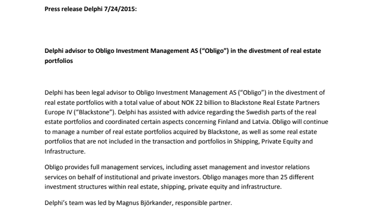 Delphi advisor to Obligo Investment Management AS (“Obligo”) in the divestment of real estate portfolios