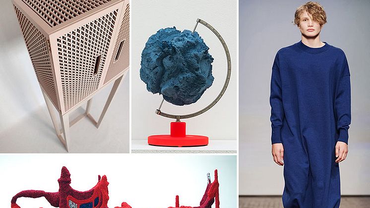 Ung Svensk Form 2017. Urval av de nominerade bidragen: överst fr.v. Moiré av Julia Madås, The New Man and the Sea av Karin Bodin. T.h. A Border Between av Elias Högberg. Liggande t.v. Människofällan av Evelina Kollberg.