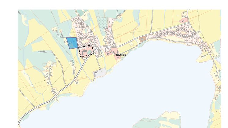 En detaljplan ska tas fram för en ny förskola i Tavelsjö. Blå markering visar preliminär avgränsning av planområdet. Svart streckad linje visar Tavelsjö skolas placering.