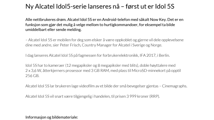 Ny Alcatel Idol5-serie lanseres nå – først ut er Idol 5S