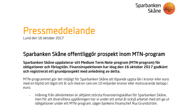 Sparbanken Skåne offentliggör prospekt inom MTN-program