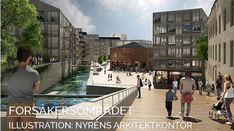 Forsåkersområdet i Mölndal där bostäder och verksamhetslokaler planeras. Ill: Nyréns Arkitektkontor.