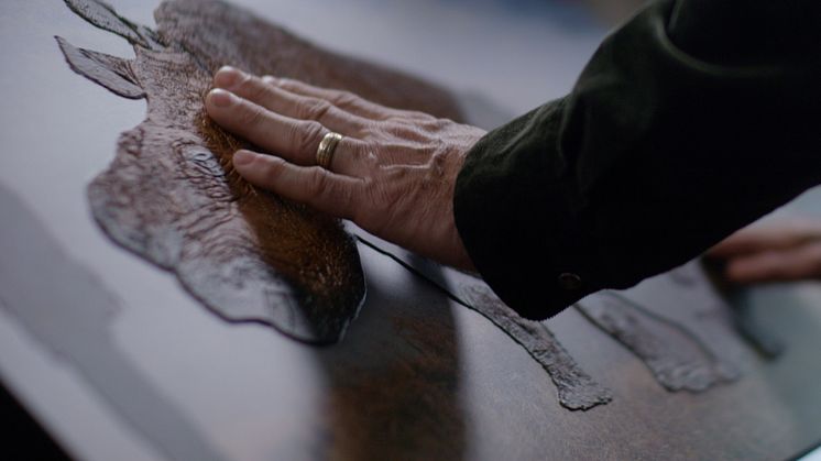 The fingertips of a hand wearing a gold wedding band gently rest on a tactile image of a rhino, printed on a flat white background. The shape of the animal is in relief and the differing textures of its skin are apparent.