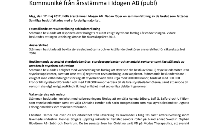 Kommuniké från årsstämma i Idogen AB (publ)