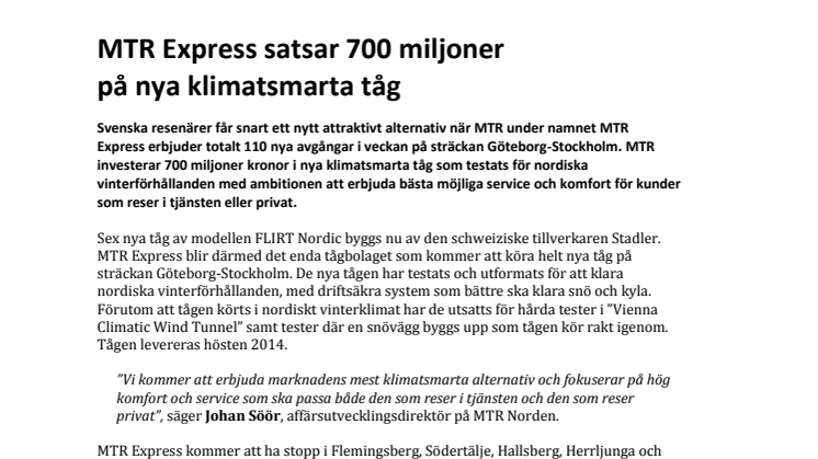 MTR Express satsar 700 miljoner på nya klimatsmarta tåg