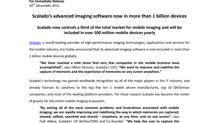 Scalado's advanced imaging software now in more than 1 billion devices