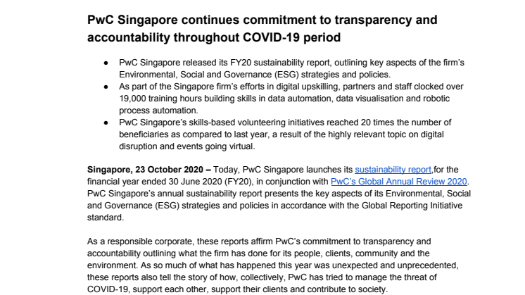 PwC Singapore continues commitment to transparency and accountability throughout COVID-19 period