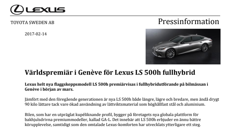 Världspremiär i Genève för Lexus LS 500h fullhybrid
