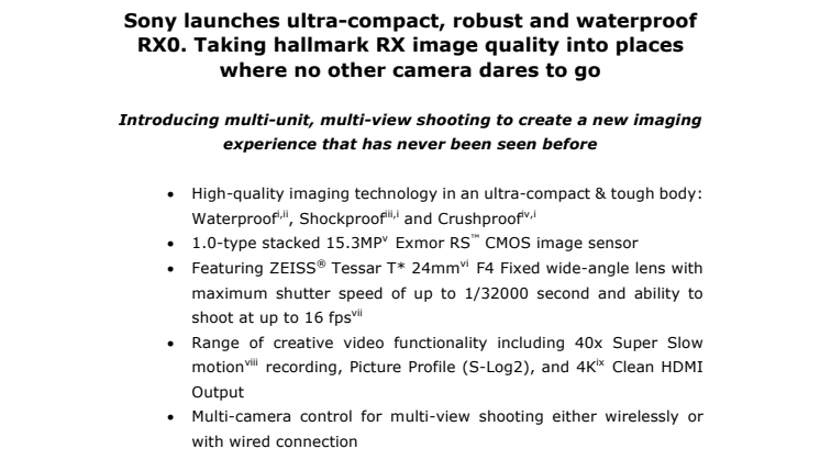 Sony lanserer kompakte, robuste og vanntette RX0