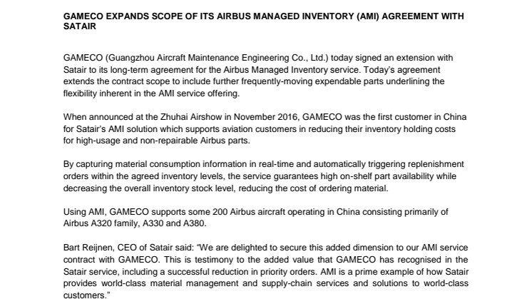   GAMECO EXPANDS SCOPE OF ITS AIRBUS MANAGED INVENTORY (AMI) AGREEMENT WITH SATAIR