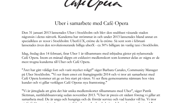 Uber i samarbete med Café Opera