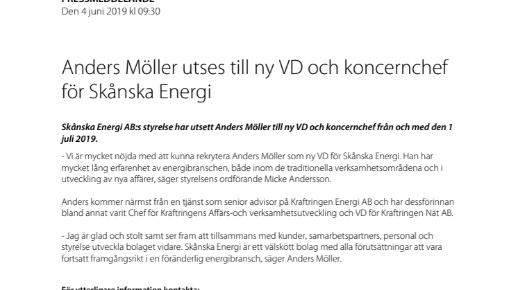 Anders Möller utses till ny VD och koncernchef för Skånska Energi