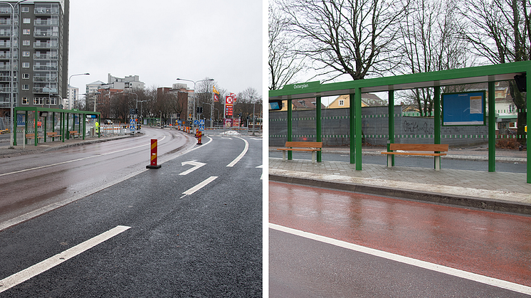 Rudbecksgatan-Universitetsallén har anpassats för det nya kollektivtrafiksystemet. Foto: Örebro kommun.