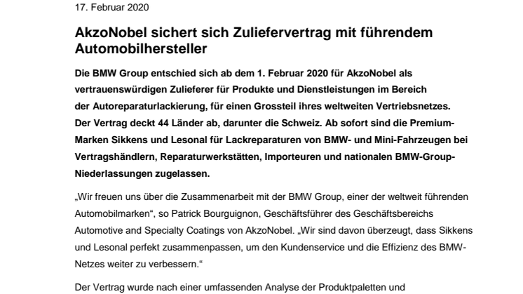 AkzoNobel sichert sich Zuliefervertrag mit führendem Automobilhersteller