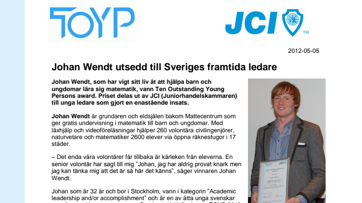 Johan Wendt utsedd till Sveriges framtida ledare