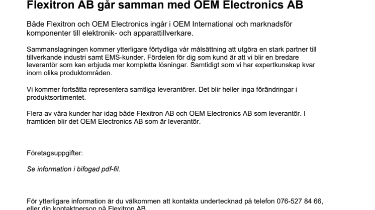 Flexitron AB går samman med OEM Electronics AB