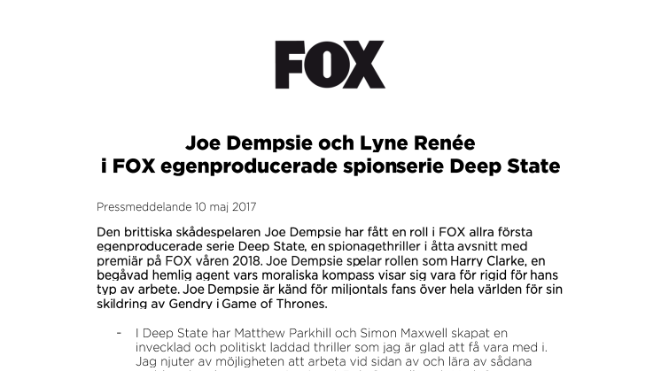 Joe Dempsie och Lyne Renée  i FOX egenproducerade spionserie Deep State