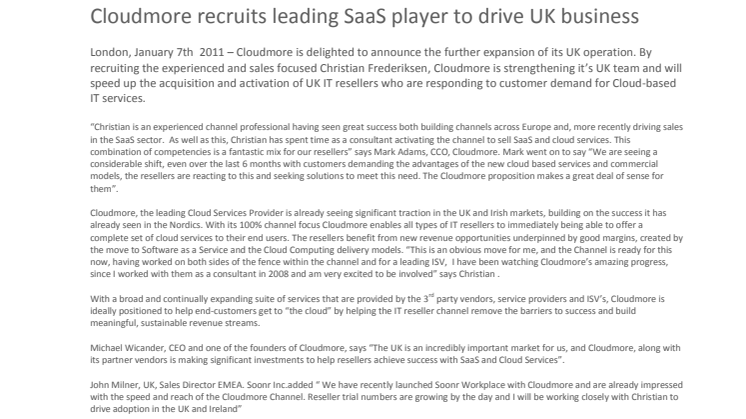 Cloudmore recruits leading SaaS player to drive UK business