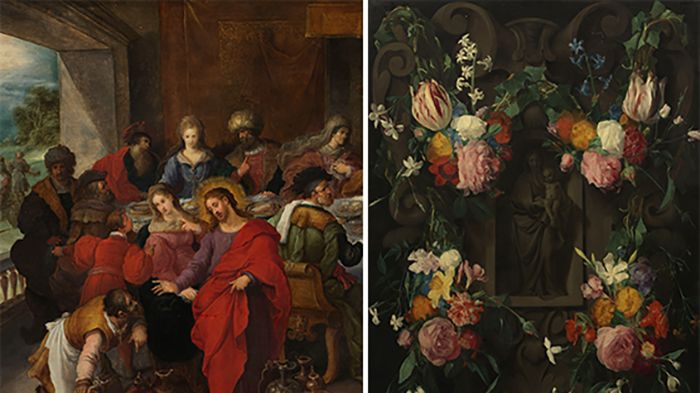 Frans Francken d.y., Bröllopet i Kana (bilden är beskuren). Daniel Seghers, Blomsterprydd kartusch med Mariabild. Foto: Cecilia Heisser/Nationalmuseum.  