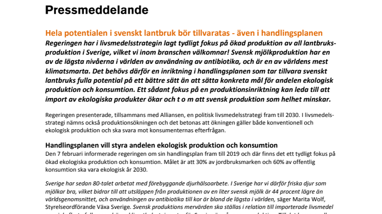 Hela potentialen i svenskt lantbruk bör tillvaratas - även i handlingsplanen