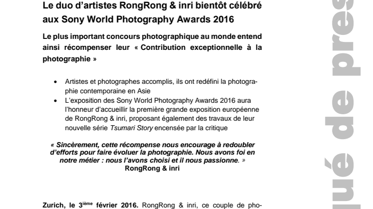 ​Le duo d’artistes RongRong & inri bientôt célébré aux Sony World Photography Awards 2016