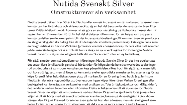 Nutida Svenskt Silver omstrukturerar sin verksamhet