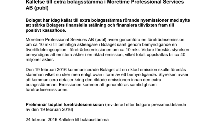 Kallelse till extra bolagsstämma i Moretime Professional Services AB (publ)