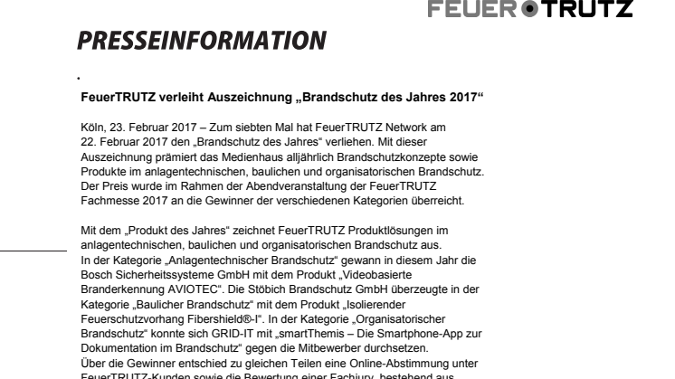FeuerTRUTZ verleiht den „Brandschutz des Jahres 2017“