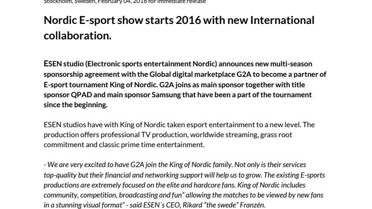 Nordic E-sport show starts 2016 with new International collaboration.