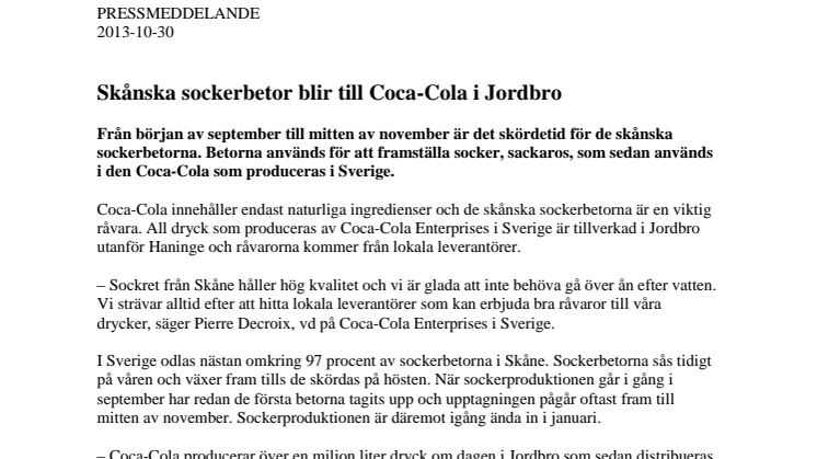 Skånska sockerbetor blir till Coca-Cola i Jordbro