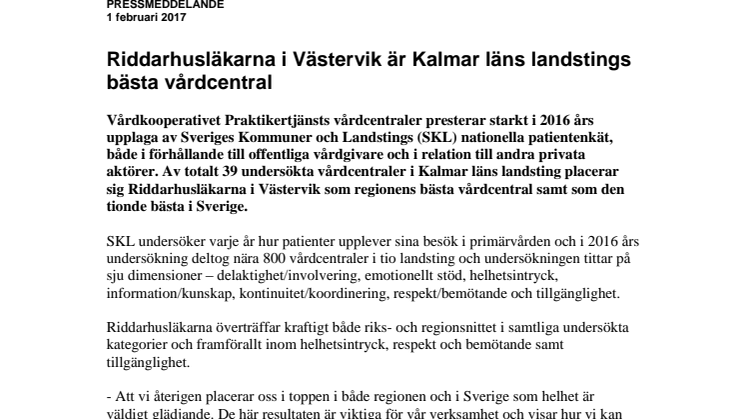 Riddarhusläkarna i Västervik är Kalmar läns landstings bästa vårdcentral