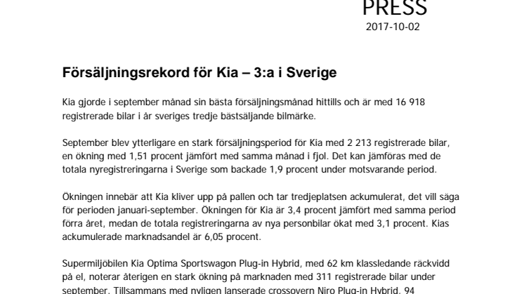 Försäljningsrekord för Kia – 3:a i Sverige