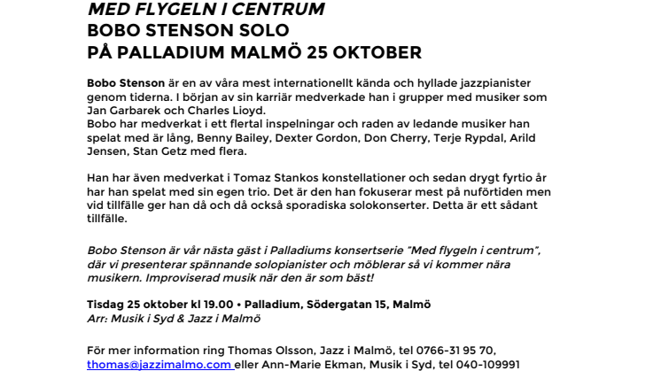 Bobo Stenson solo på Palladium Malmö 25 okt