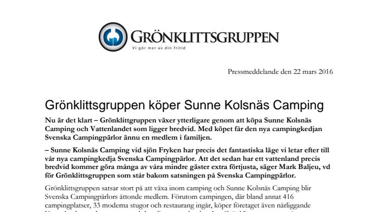 ​  Grönklittsgruppen köper Sunne Kolsnäs Camping
