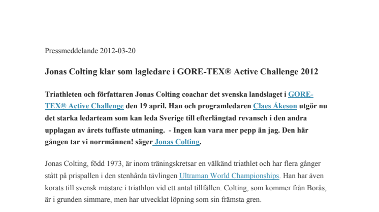 Jonas Colting klar som lagledare i GORE-TEX® Active Challenge 2012