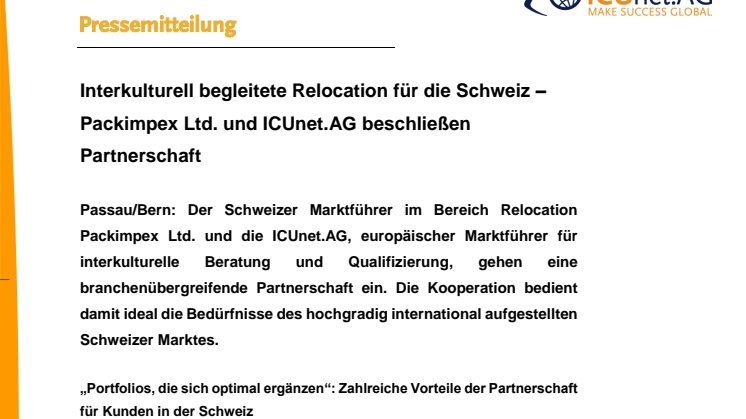 Interkulturell begleitete Relocation für die Schweiz – Packimpex Ltd. und ICUnet.AG beschließen Partnerschaft 