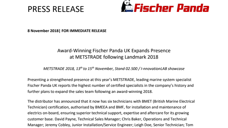 Award-Winning Fischer Panda UK Expands Presence at METSTRADE following Landmark 2018
