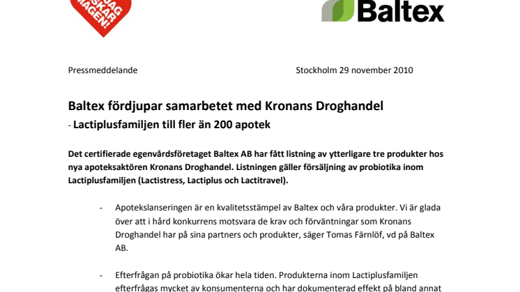Baltex fördjupar samarbetet med Kronans Droghandel - Lactiplusfamiljen till fler än 200 apotek