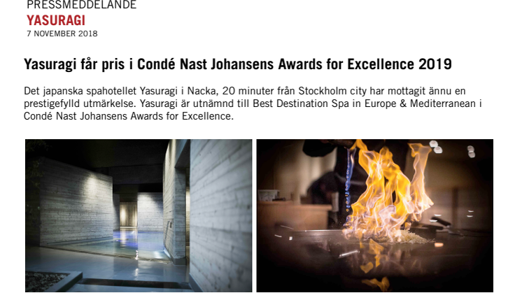 Yasuragi får pris i Condé Nast Johansens Awards for Excellence 2019