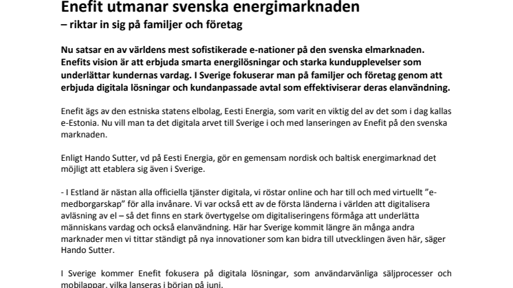 Enefit utmanar svenska energimarknaden  – riktar in sig på familjer och företag