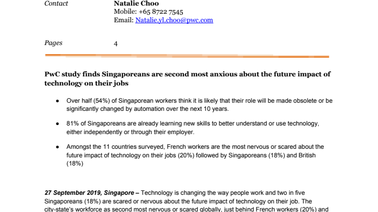 PwC study finds Singaporeans are second most anxious about the future impact of technology on their jobs  